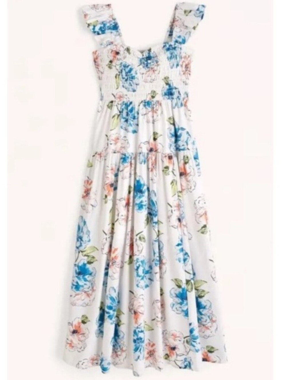 Abercrombie & Fitch Ruffle Strap Smocked Midi Dress Floral Poplin White Size XS - Picture 2 of 15